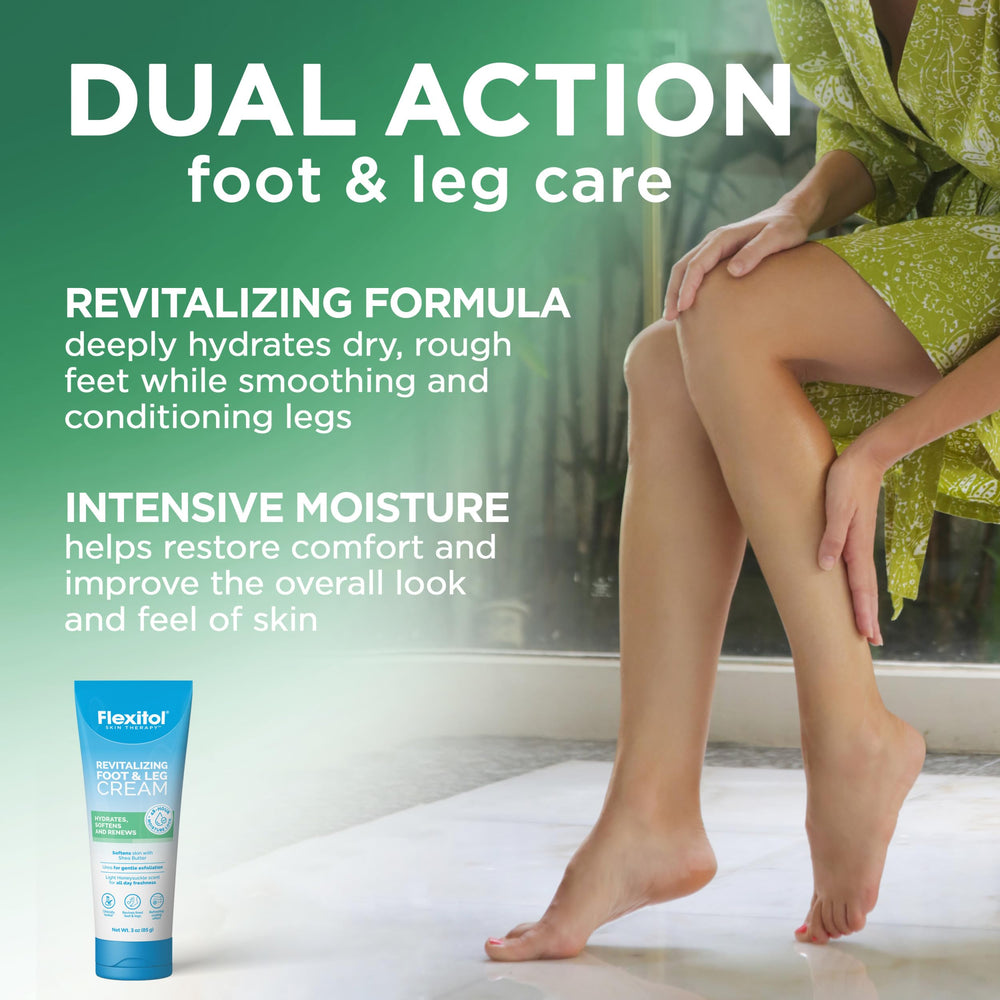 Flexitol foot cream being applied to soothe dry skin on feet.