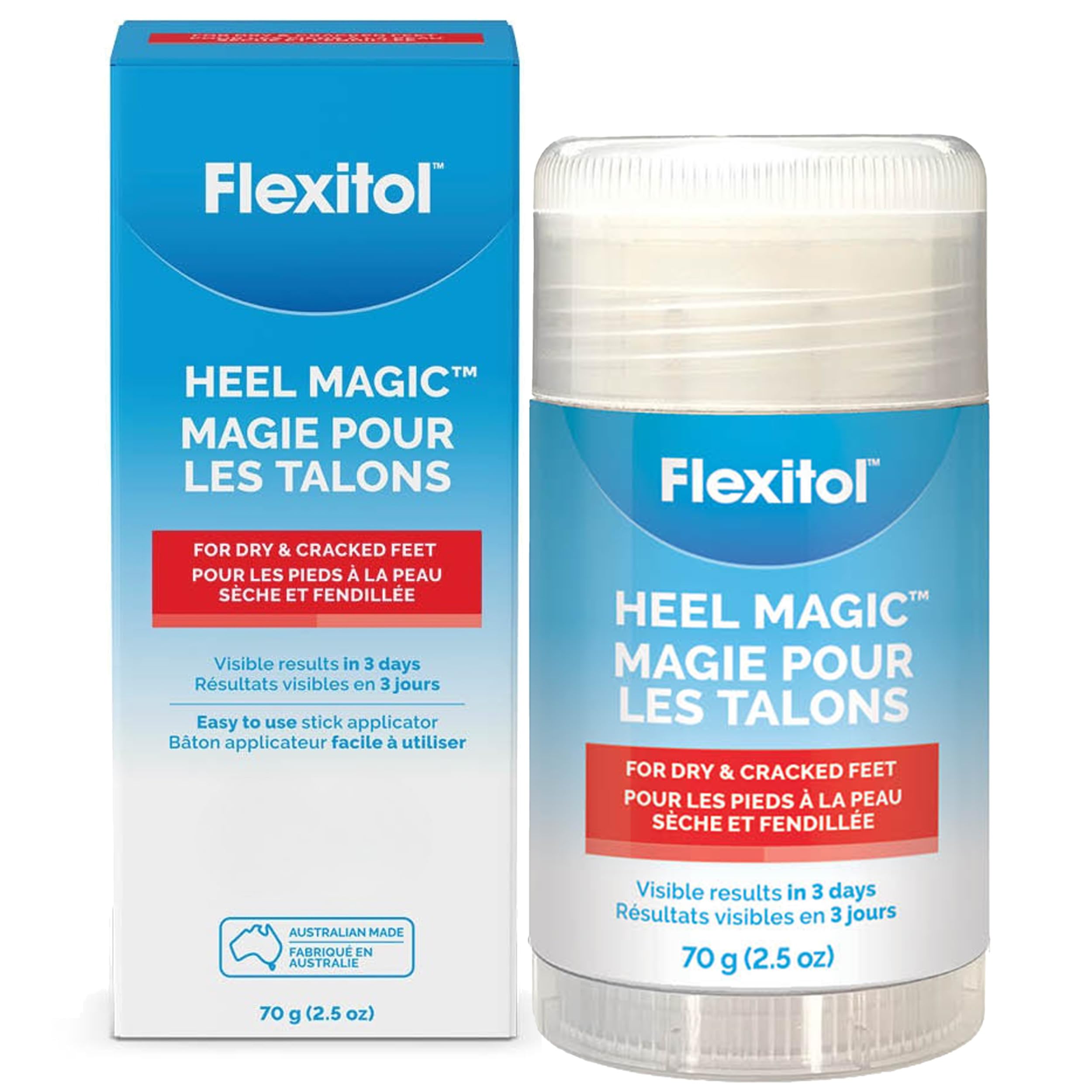 Flexitol Heel Magic Stick en presentación práctica para aplicación sin ensuciar.