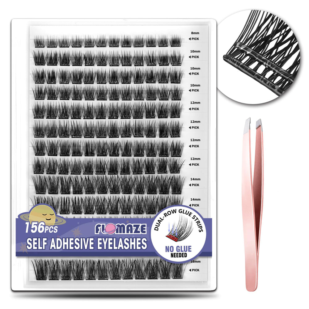 FLOMAZE self-adhesive eyelashes showing all sizes for a customizable look and quick application.