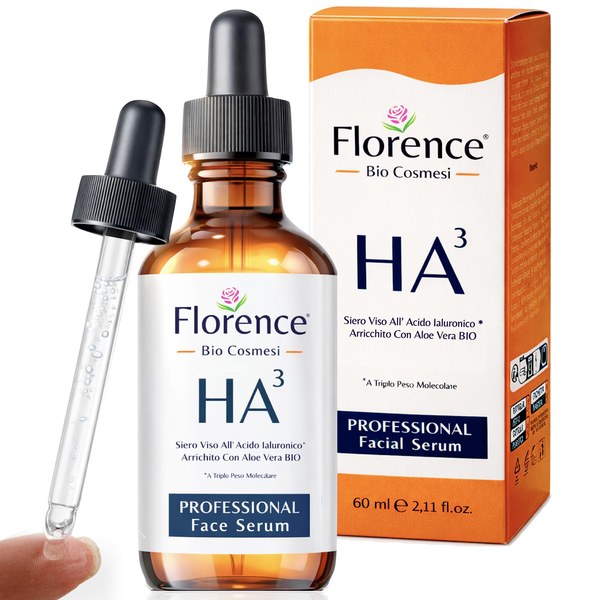 Florence suero de ácido hialurónico, botella, hidratación profunda para la piel.