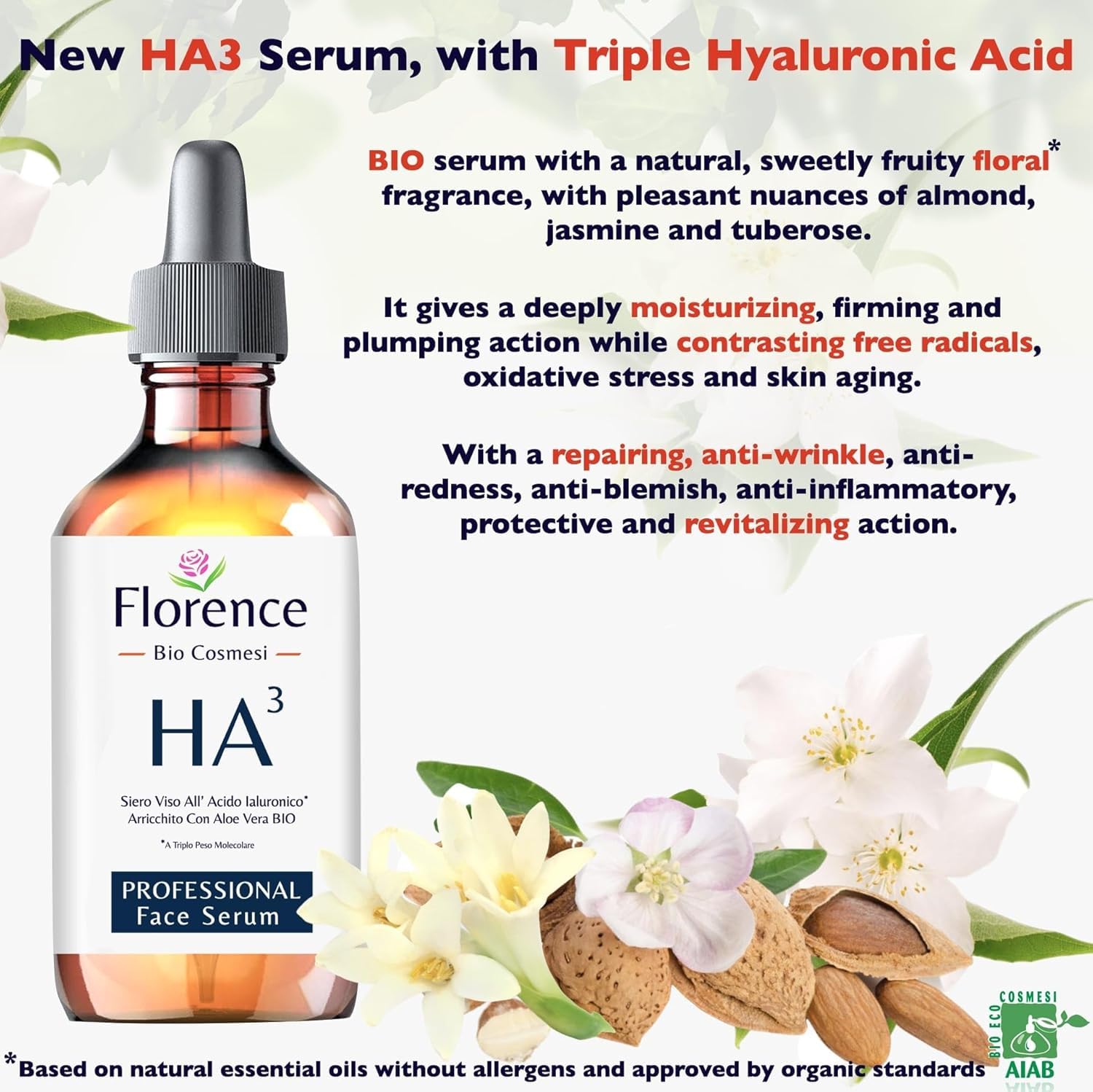 Florence suero de ácido hialurónico, ingredientes multiformes para hidratación suave.