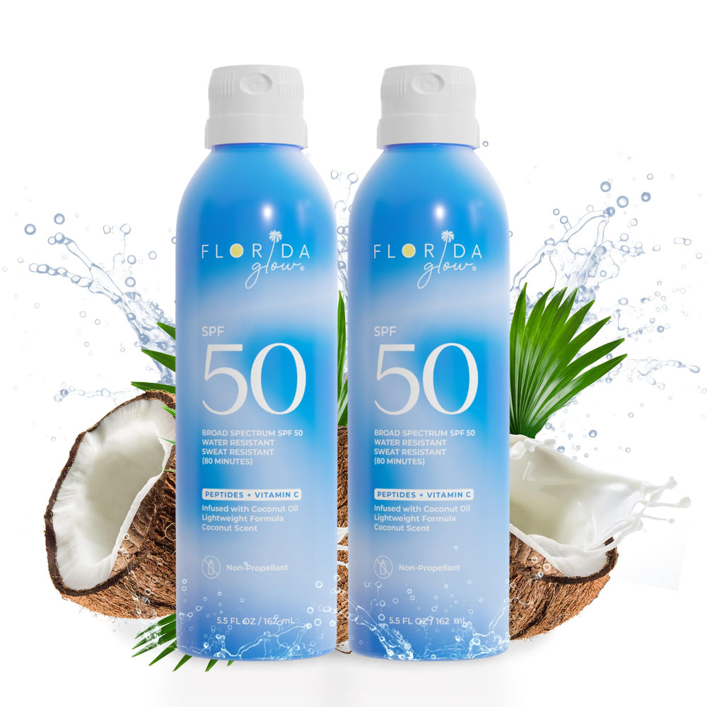 Florida Salt Scrubs Florida Glow SPF 50 spray bottle close-up with reef-friendly formula.