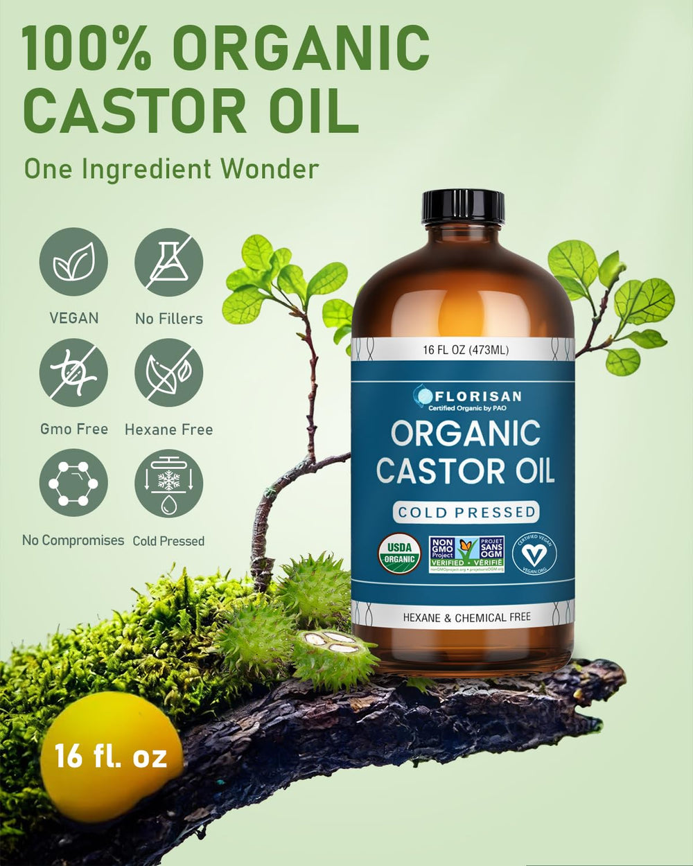 Florisan Castor Oil droplets show rich, nourishing consistency for skin and hair.
