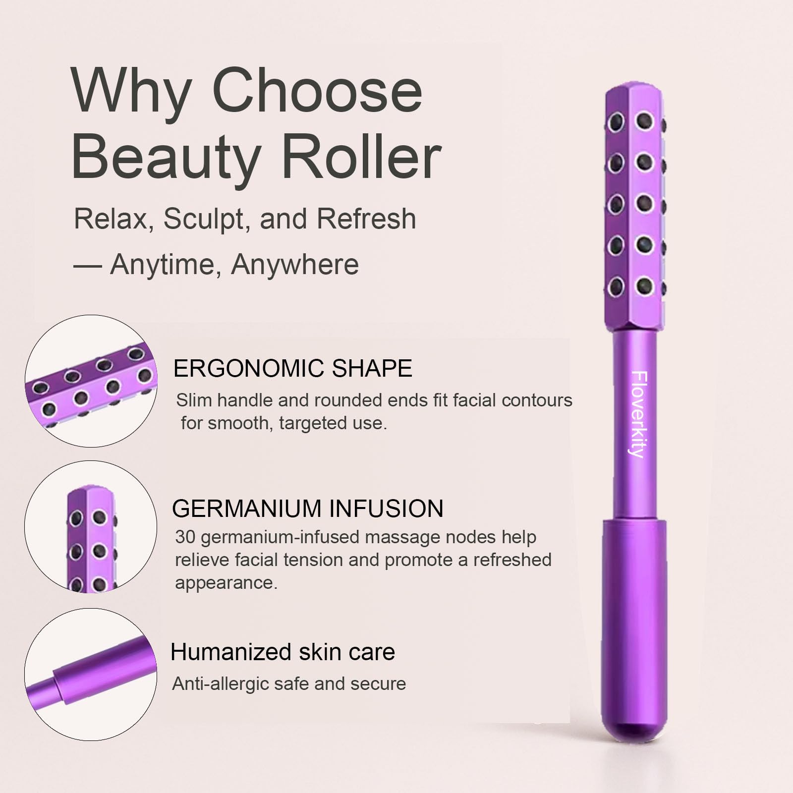 Floverkity Beauty Sculptor Roller shows ergonomic handle for precise, comfortable facial massage.