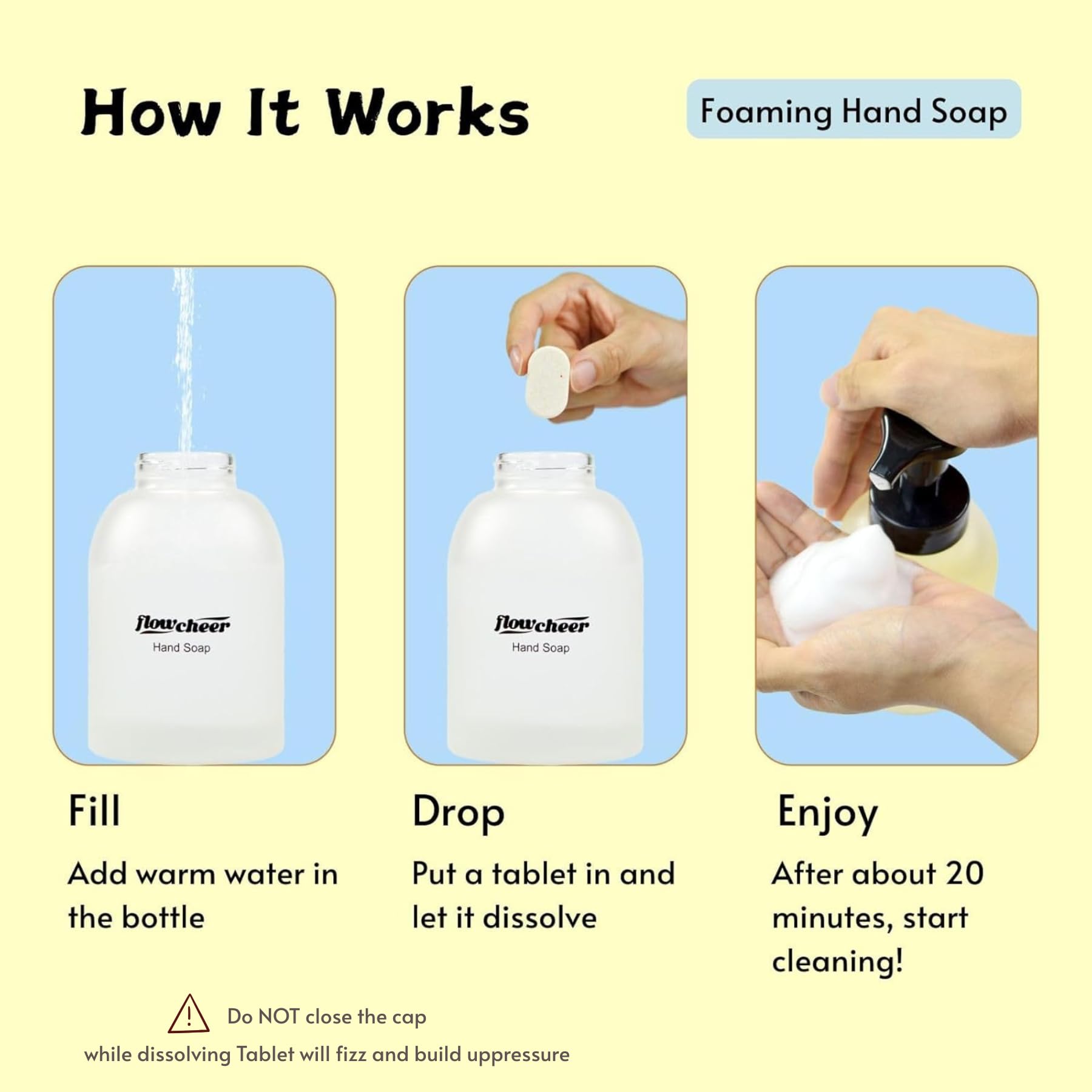 Flowcheer instrucciones simples para preparar espuma suave con una tableta.
