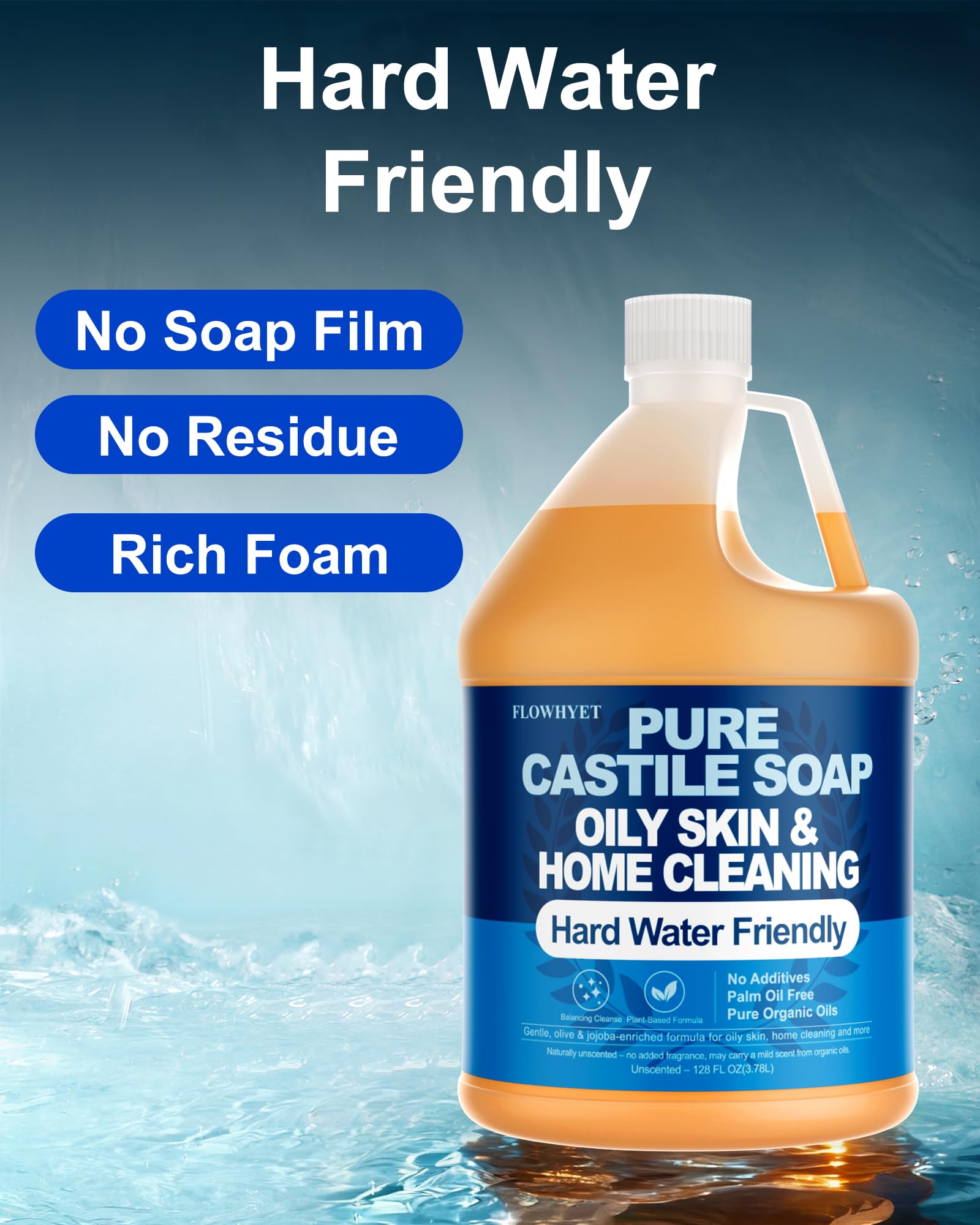 FLOWHYET castile soap handles hard water without residue