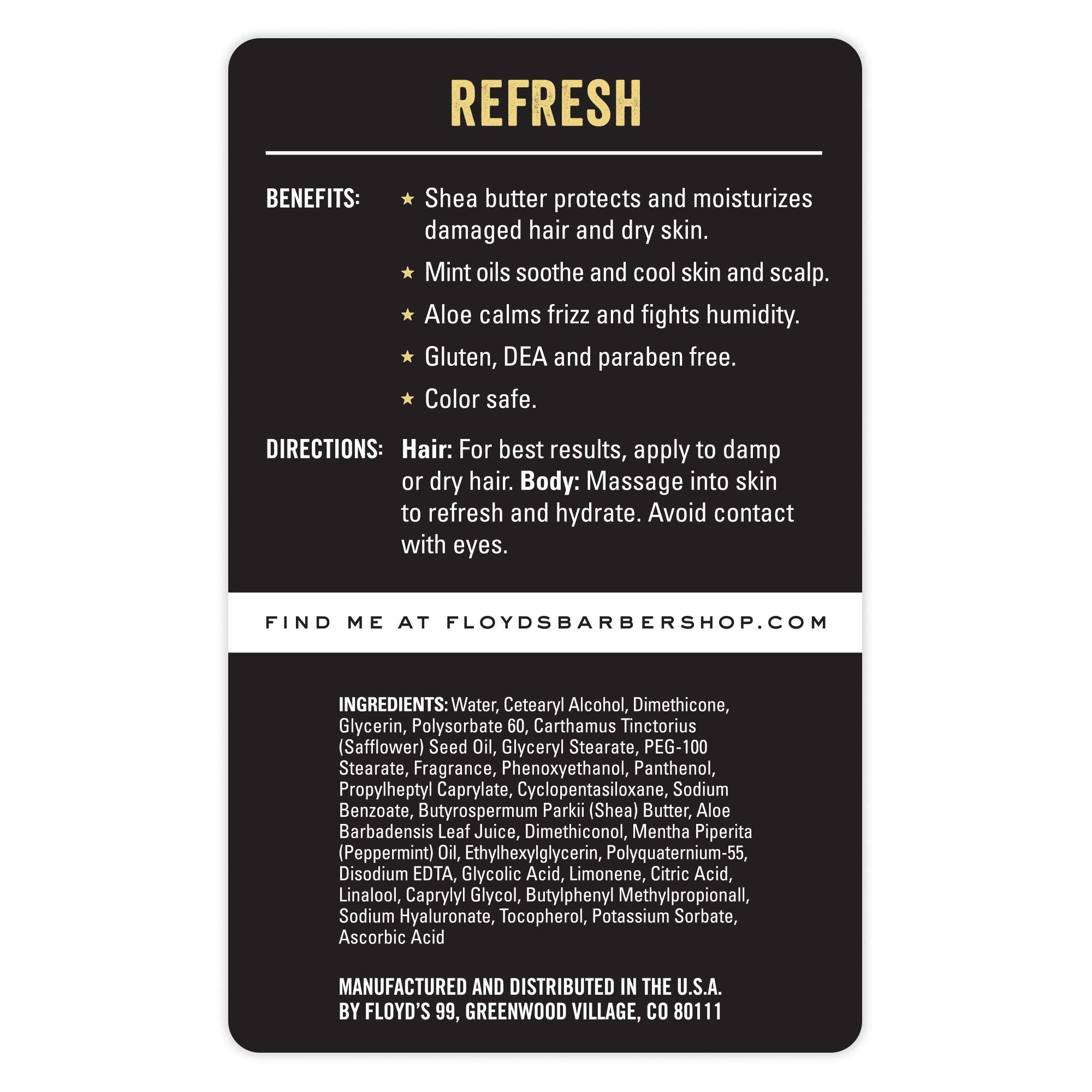 Floyd's 99 Refresh Acondicionador – vertido de la botella que sugiere acción refrescante y calmante