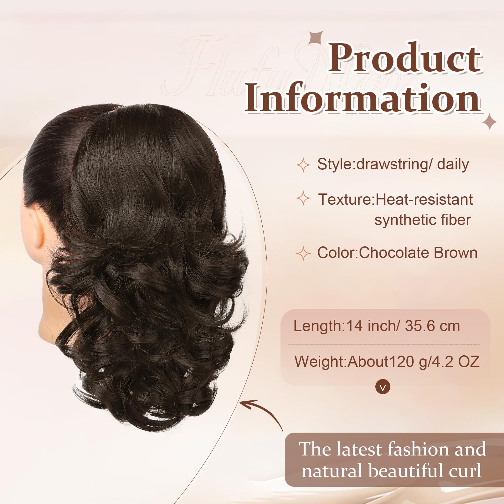 Flufymooz drawstring pony tail attachment secures quickly for on-the-go styling.