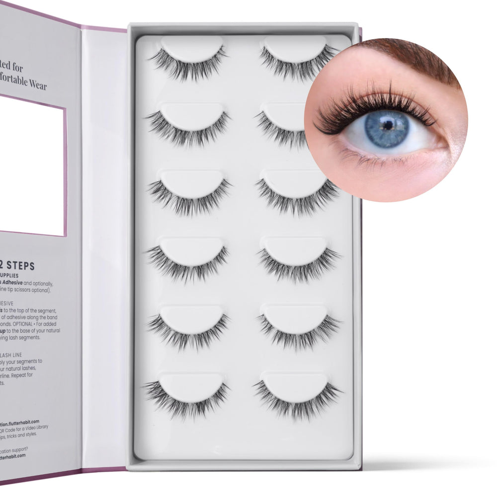 FlutterHabit Bestie Lash Clusters closeup fibers highlight lightweight, natural-looking lashes.