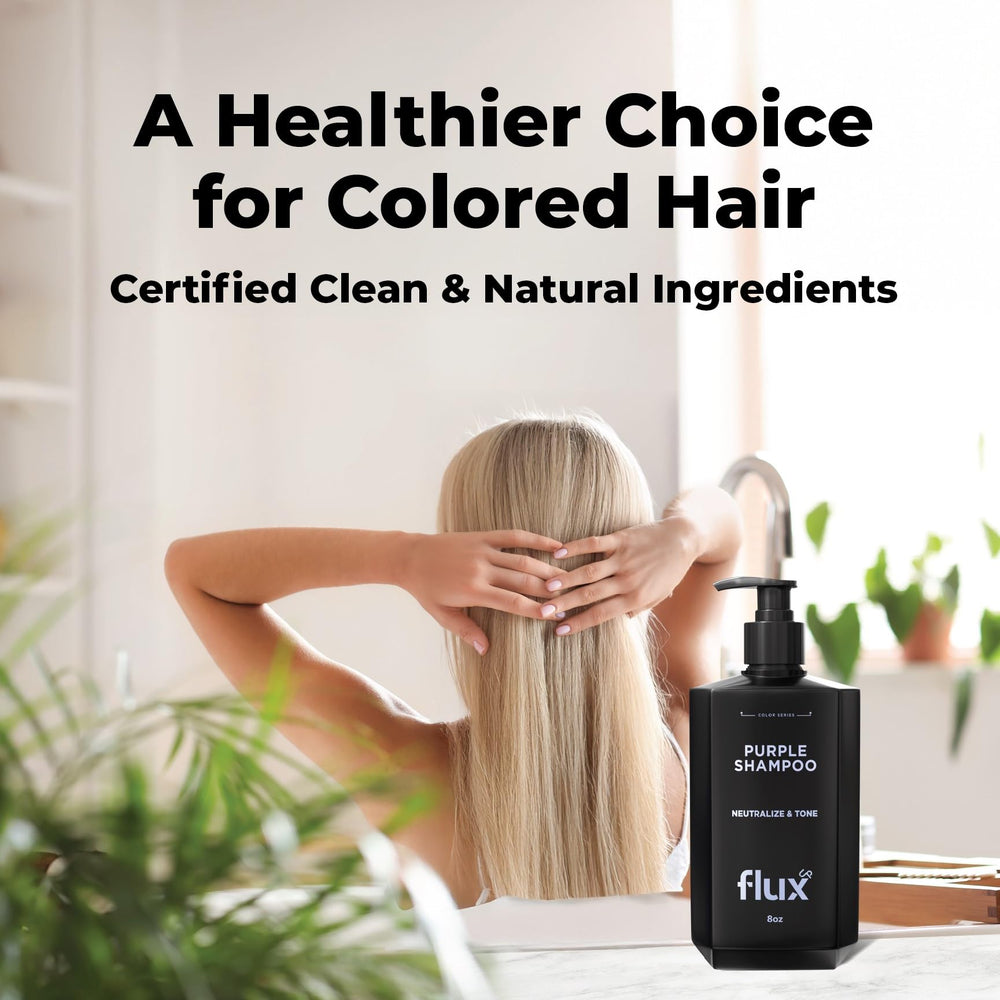 FLUX UP champú púrpura, envase reciclable: opción sostenible para rutina diaria.