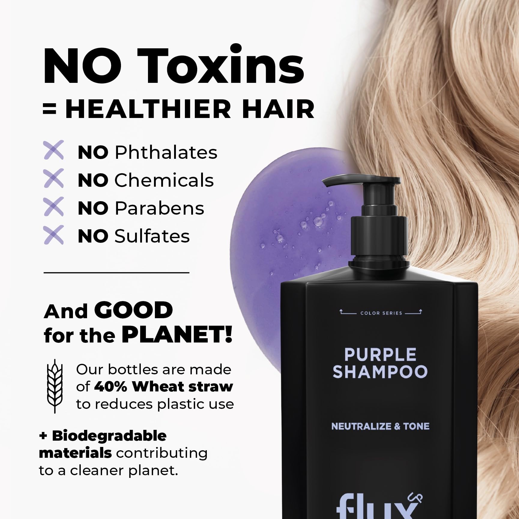 FLUX UP champú púrpura, keratina hidrolizada: fortalece cabello colorido.
