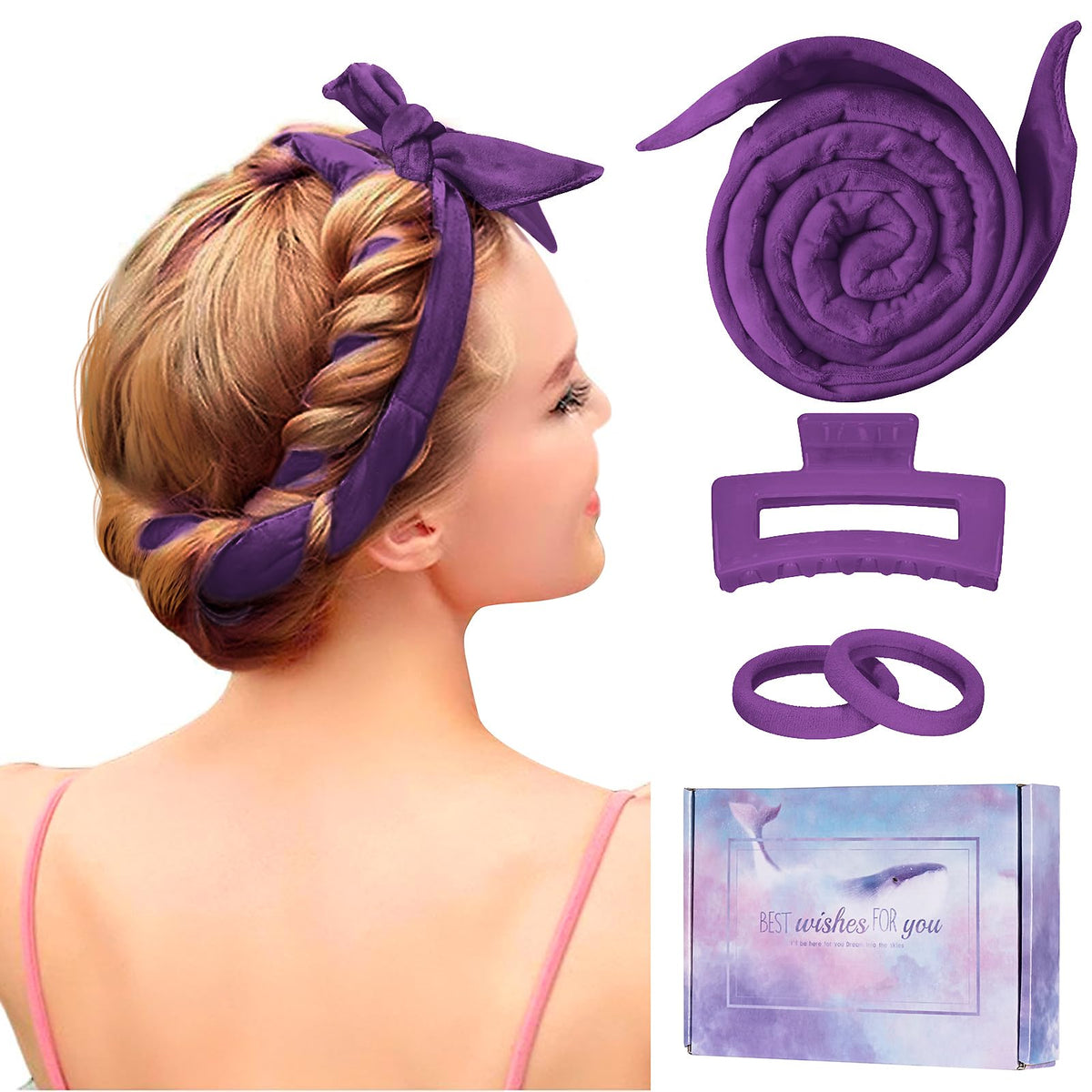 Flylipu heatless curl headband purple for overnight, damage-free curls.