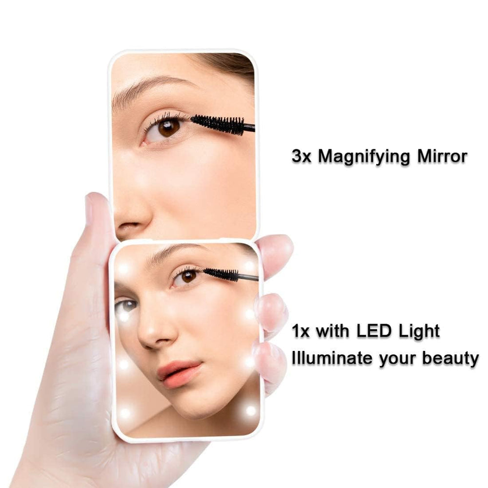 Flymiro compact mirror with eight LED lights for accurate makeup in any lighting.