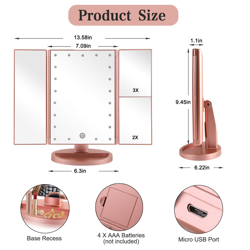 Flymiro tri-fold lighted vanity mirror folded compact, portable for travel storage.