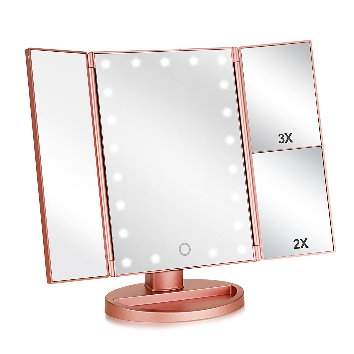 Flymiro tri-fold lighted vanity mirror in rose gold, front view for full-face makeup.
