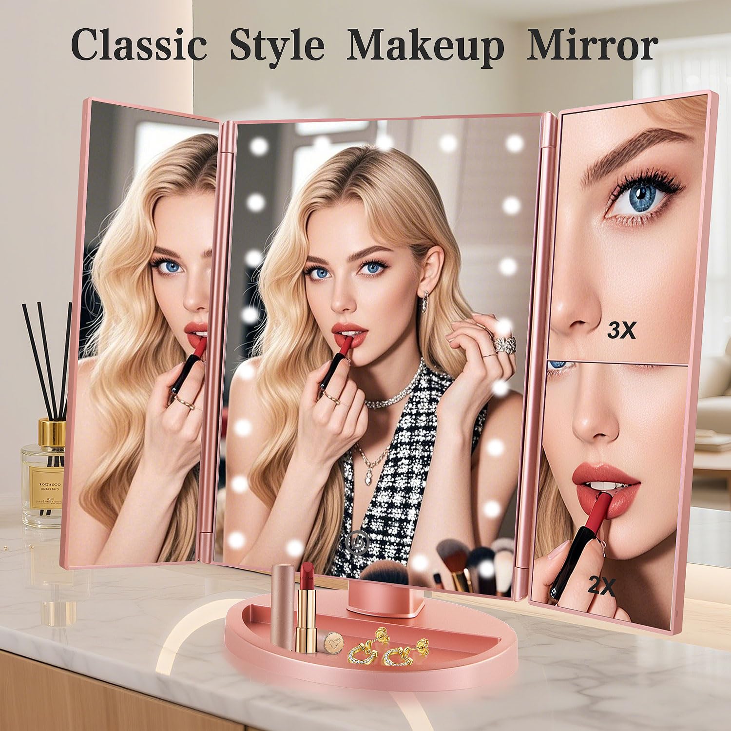 Flymiro mirror 3x magnification on right panel aids precise grooming.