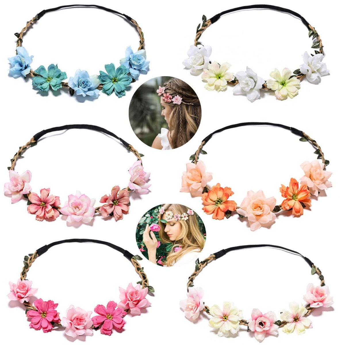 Diadema floral Flyouthe, colección de 6 piezas, ideal para bodas y sesiones de fotos.