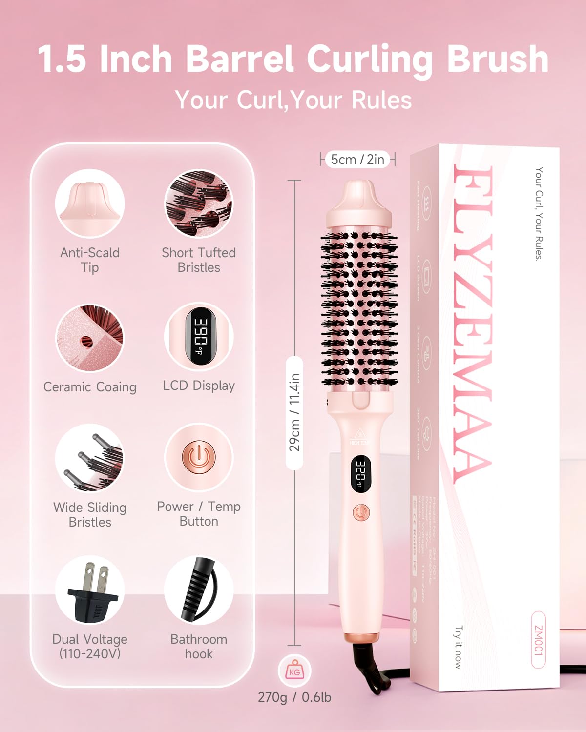 FLYZEMAA pink 1.5-inch brush delivers lift and volume at home