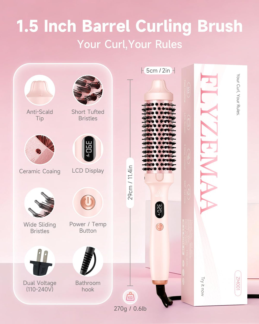 FLYZEMAA pink 1.5-inch brush delivers lift and volume at home