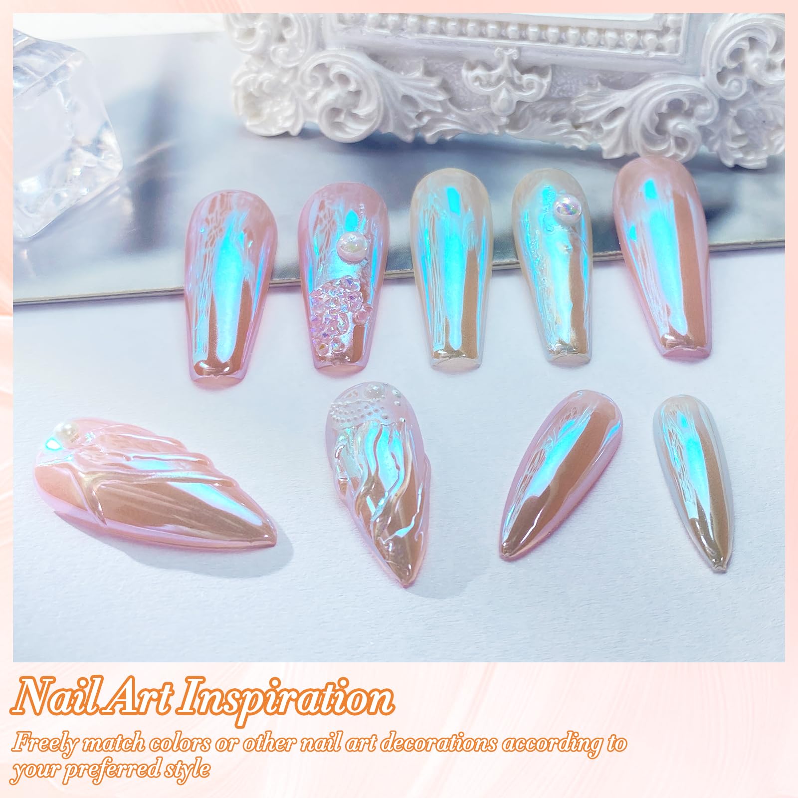 FNNZ Unicorn Chrome Powder – aplicación con gel, polvo perlado para uñas duraderas.