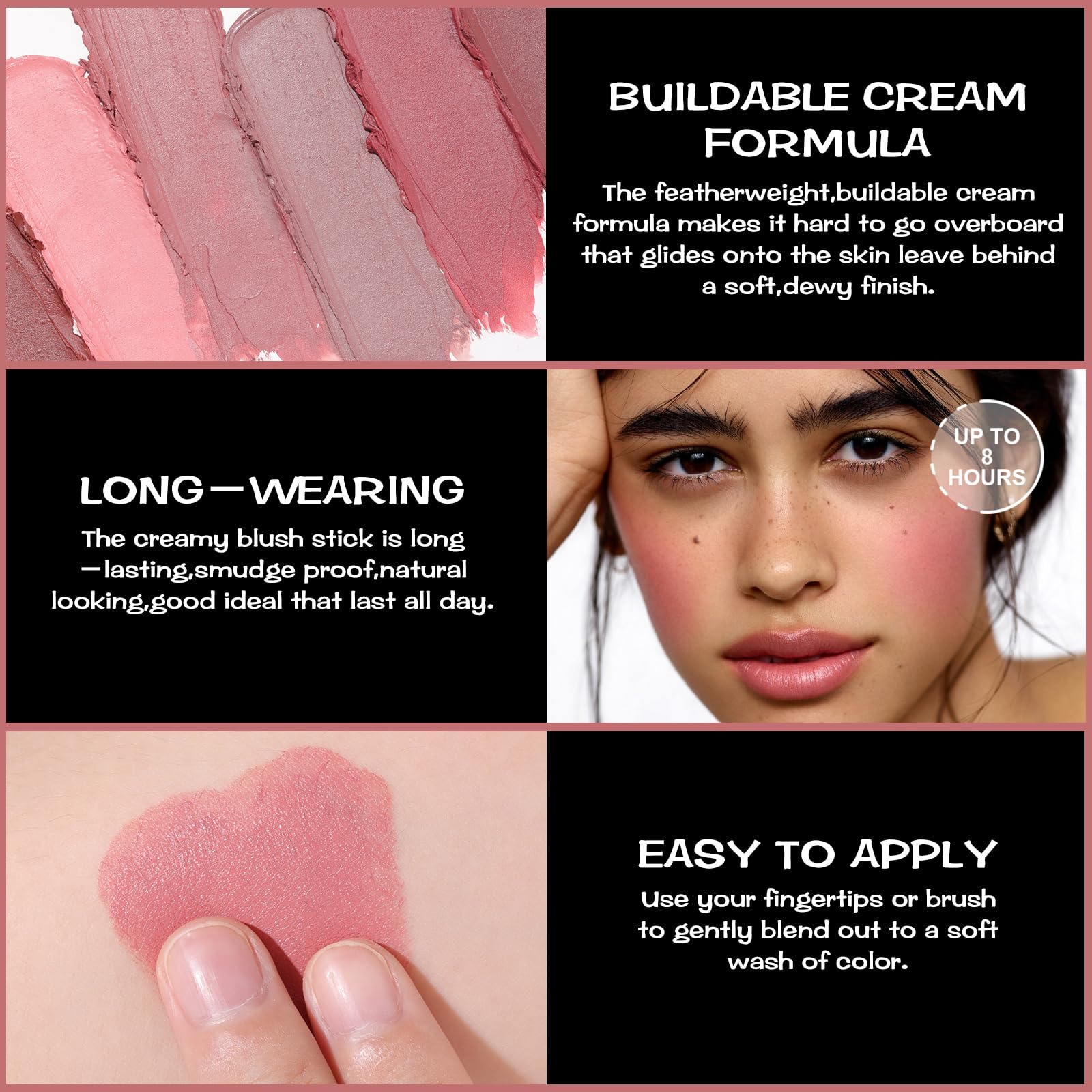 Close-up of FO CALLURE Rose Flush Stick texture reveals matte and dewy finishes.