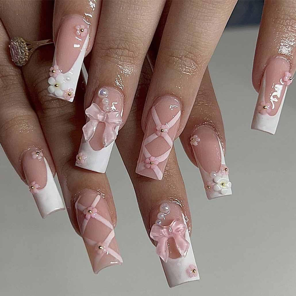 Uñas postizas Foccna rosa brillante con pedrería para ocasiones