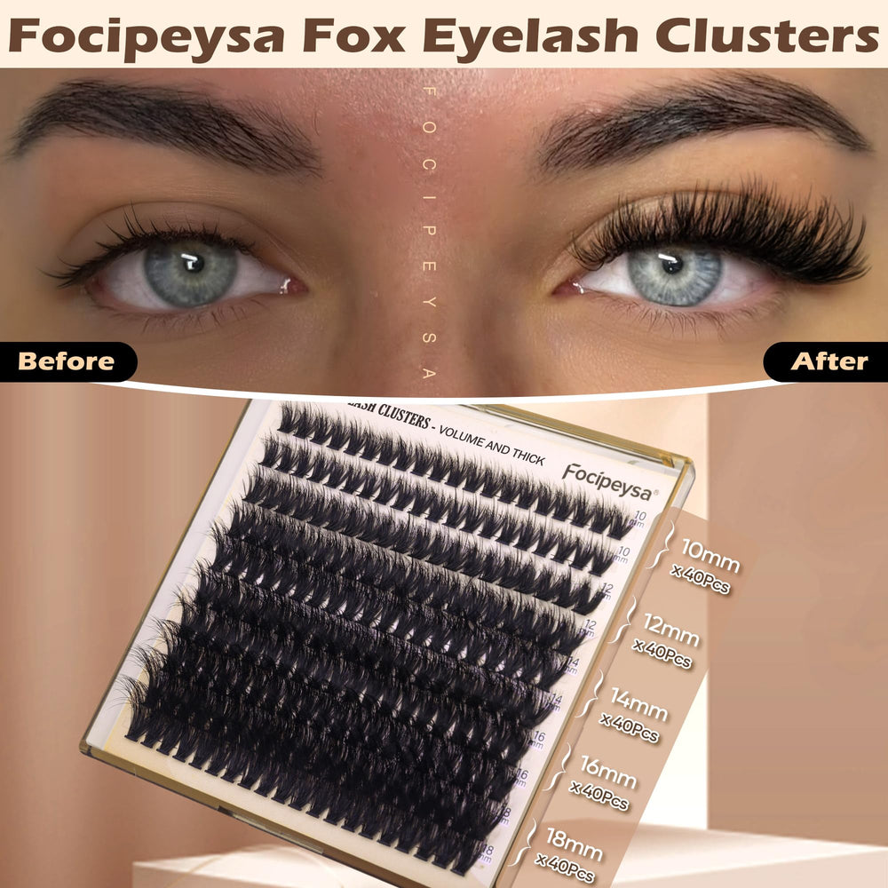 Focipeysa 200D fluffy cluster lashes showing volume and softness.
