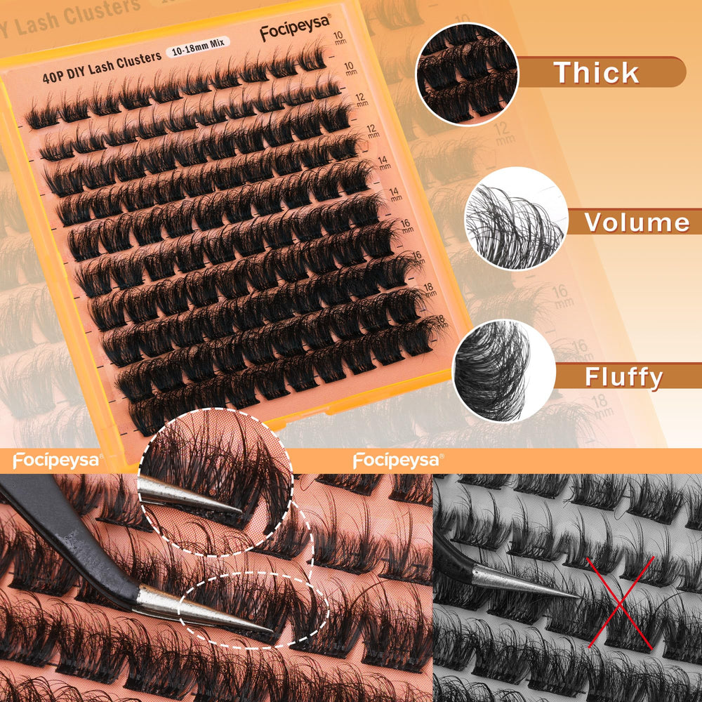 Focipeysa Thick Lash Extension Kit 40P contents display.