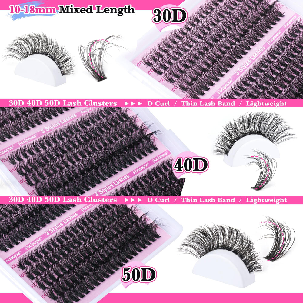 Focipeysa cat-eye-effect clusters create glamorous outer lashes.