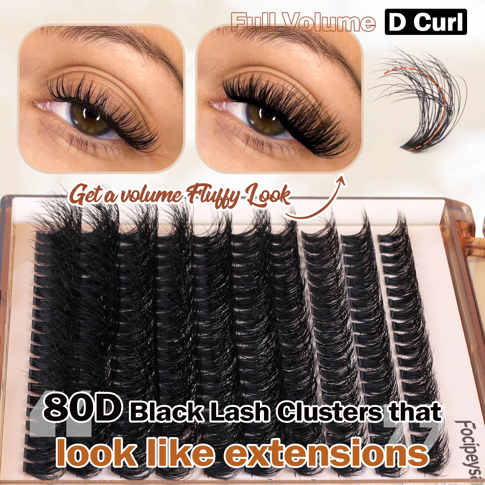 Focipeysa closeup of 80D fluffy lashes showing voluminous texture.