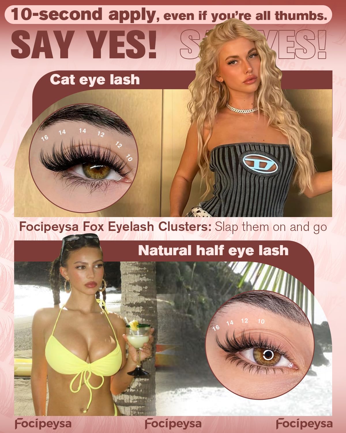Focipeysa closeup wispy lashes demonstrate a subtle blend with natural lashes.