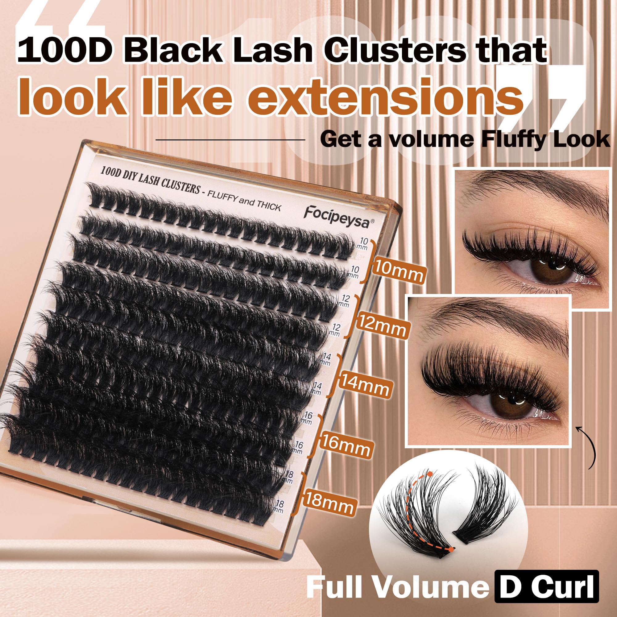 Focipeysa D Curl fluffy lashes show curved lift for enhanced eye shape.
