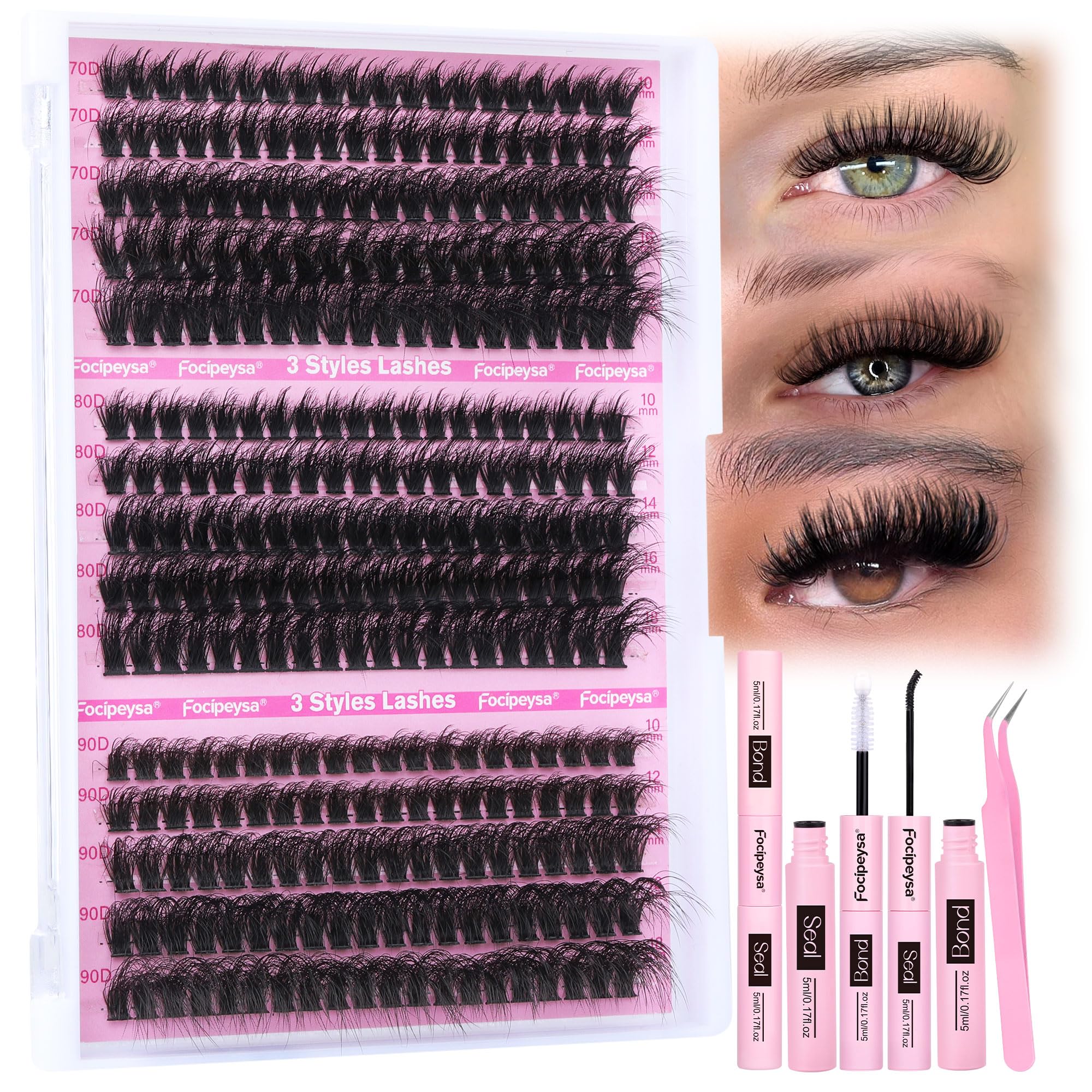 Focipeysa full volume kit with 70D-90D clusters for dramatic, natural-looking wispy lashes.