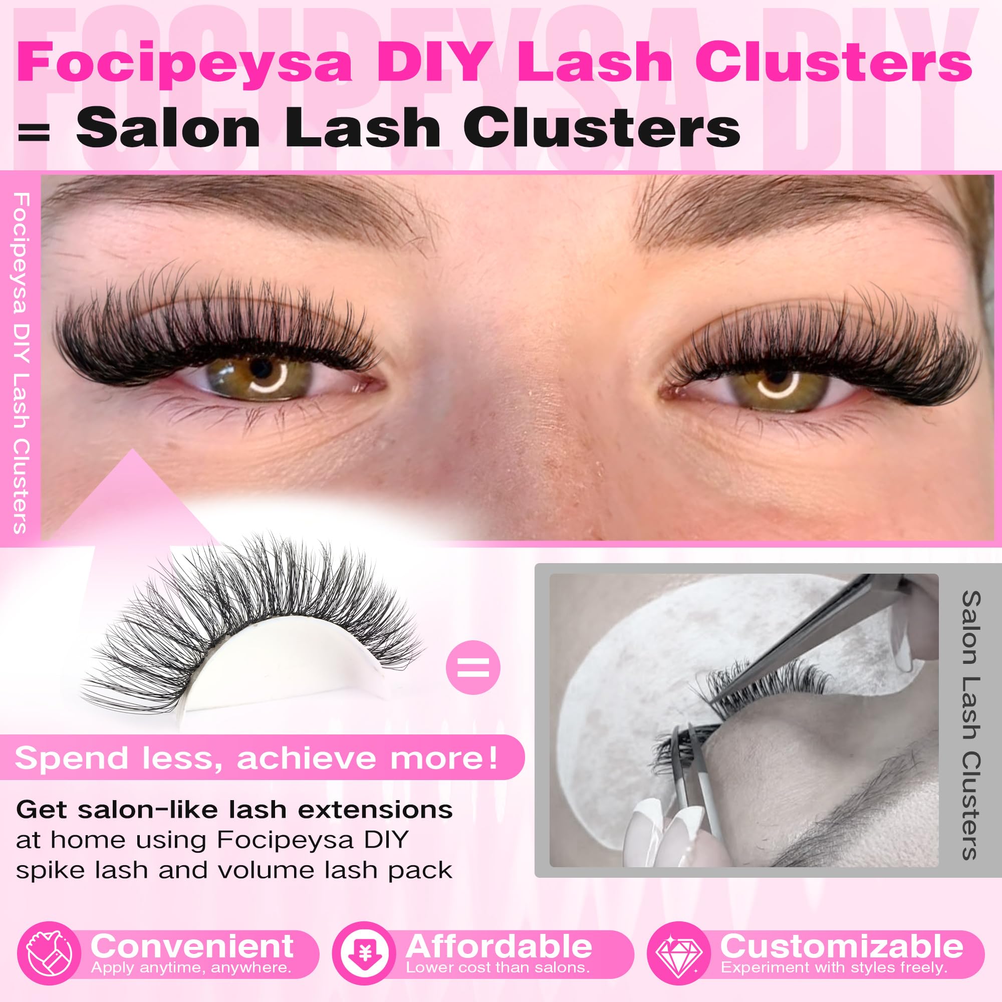 Focipeysa lash clusters 8-16mm mixed for natural to dramatic looks.