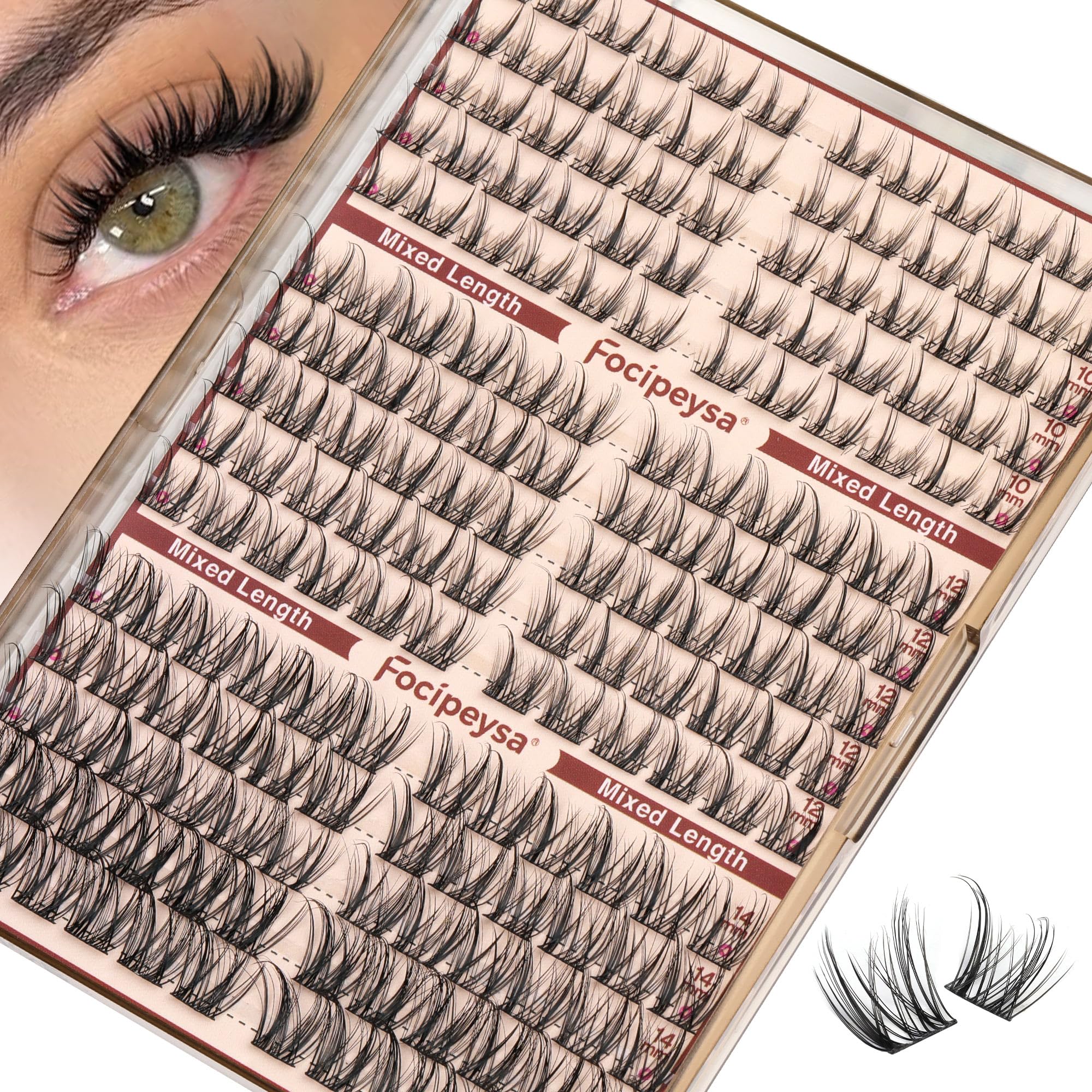 Focipeysa Lashes Clusters Wispy Natural 10-16mm for a subtle, salon-like finish.