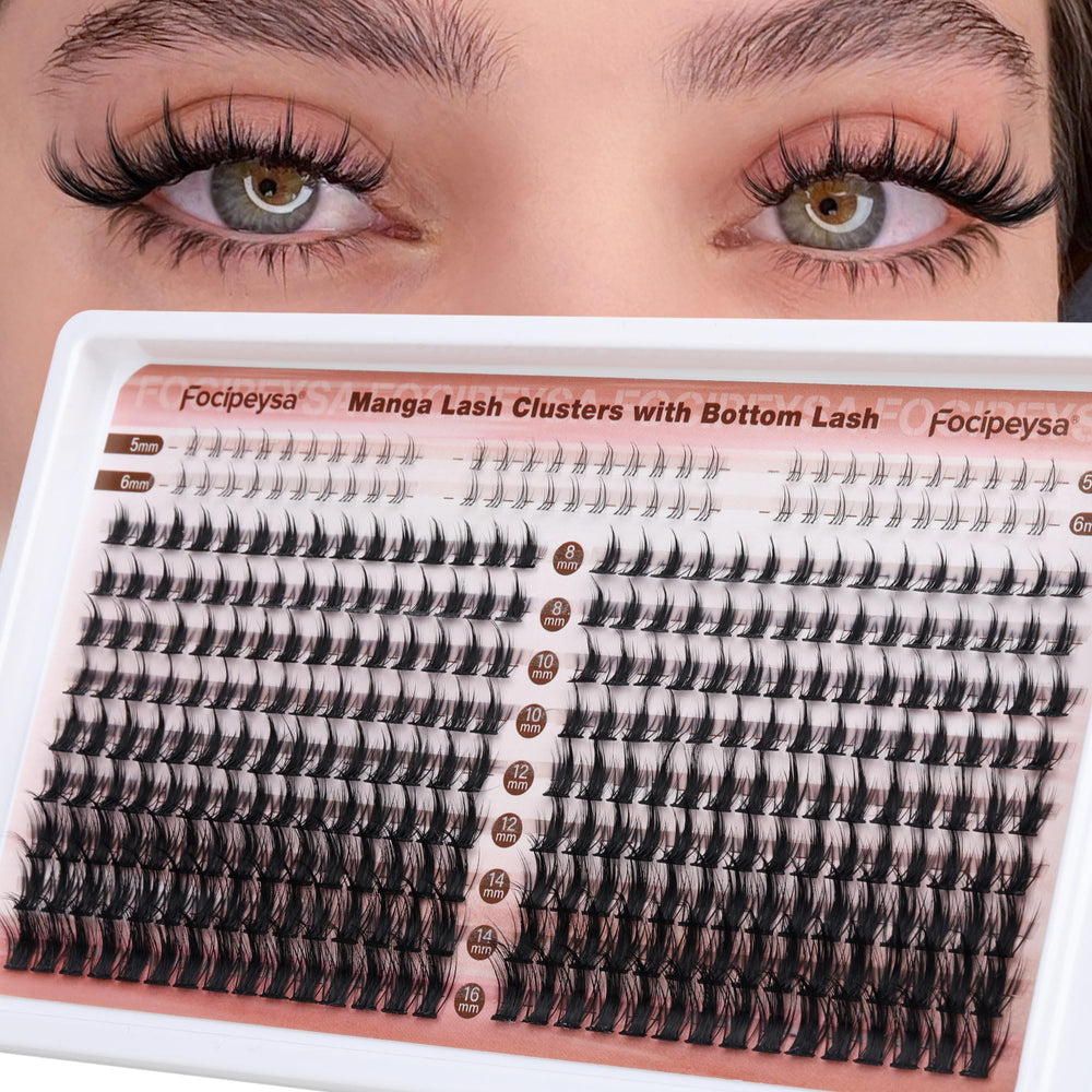 Focipeysa manga lash clusters closeup showing 330 pieces for versatile volume 8-16 mm