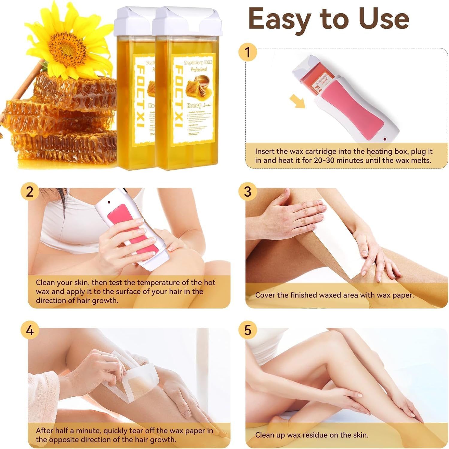 FOCTXI Roll-on wax technology heats quickly for comfortable sessions.