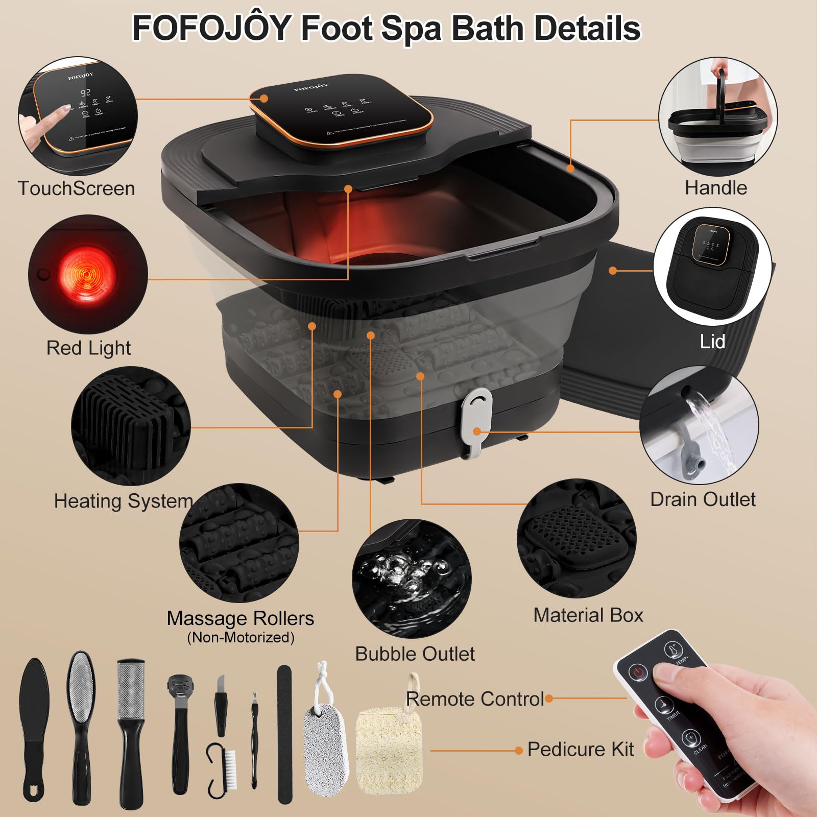 FOFOJOY foot spa remote control and digital screen for easy temperature adjustments.