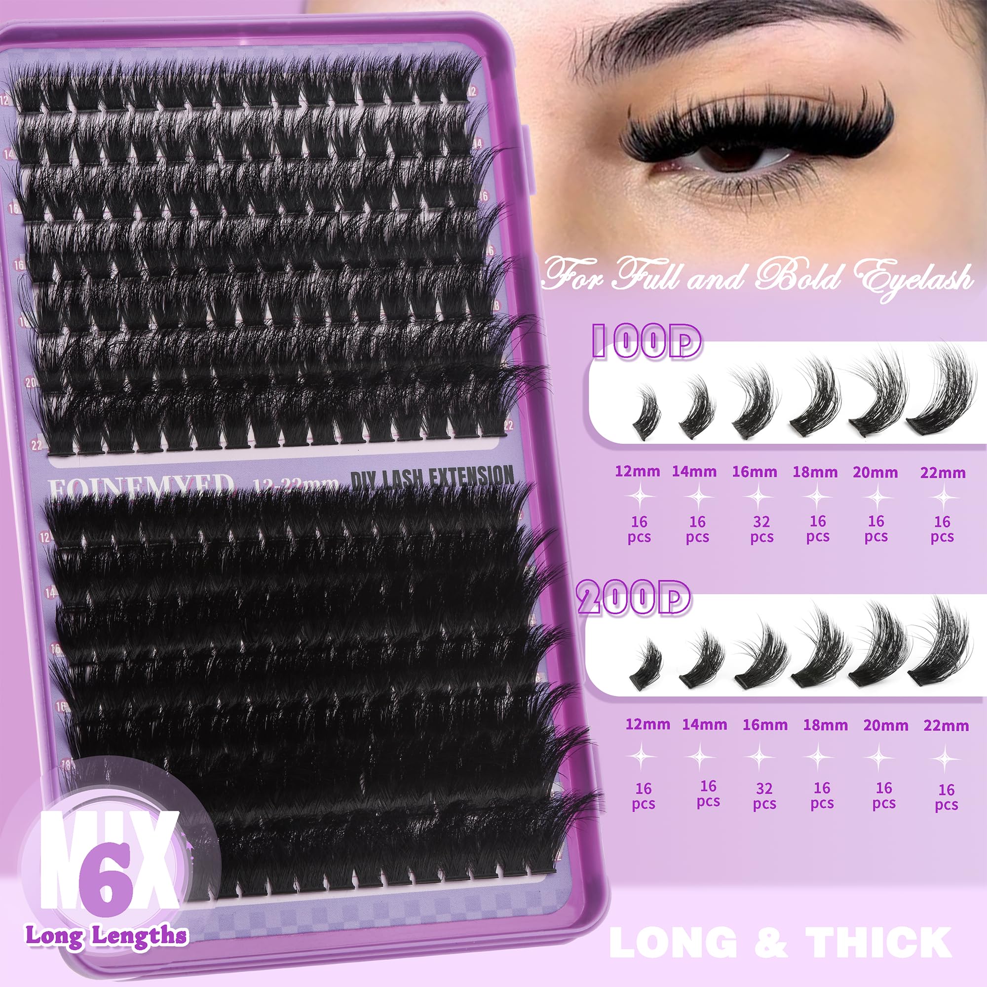 FOINEMYED 100D+200D thick volume clusters for bold lightweight lashes.