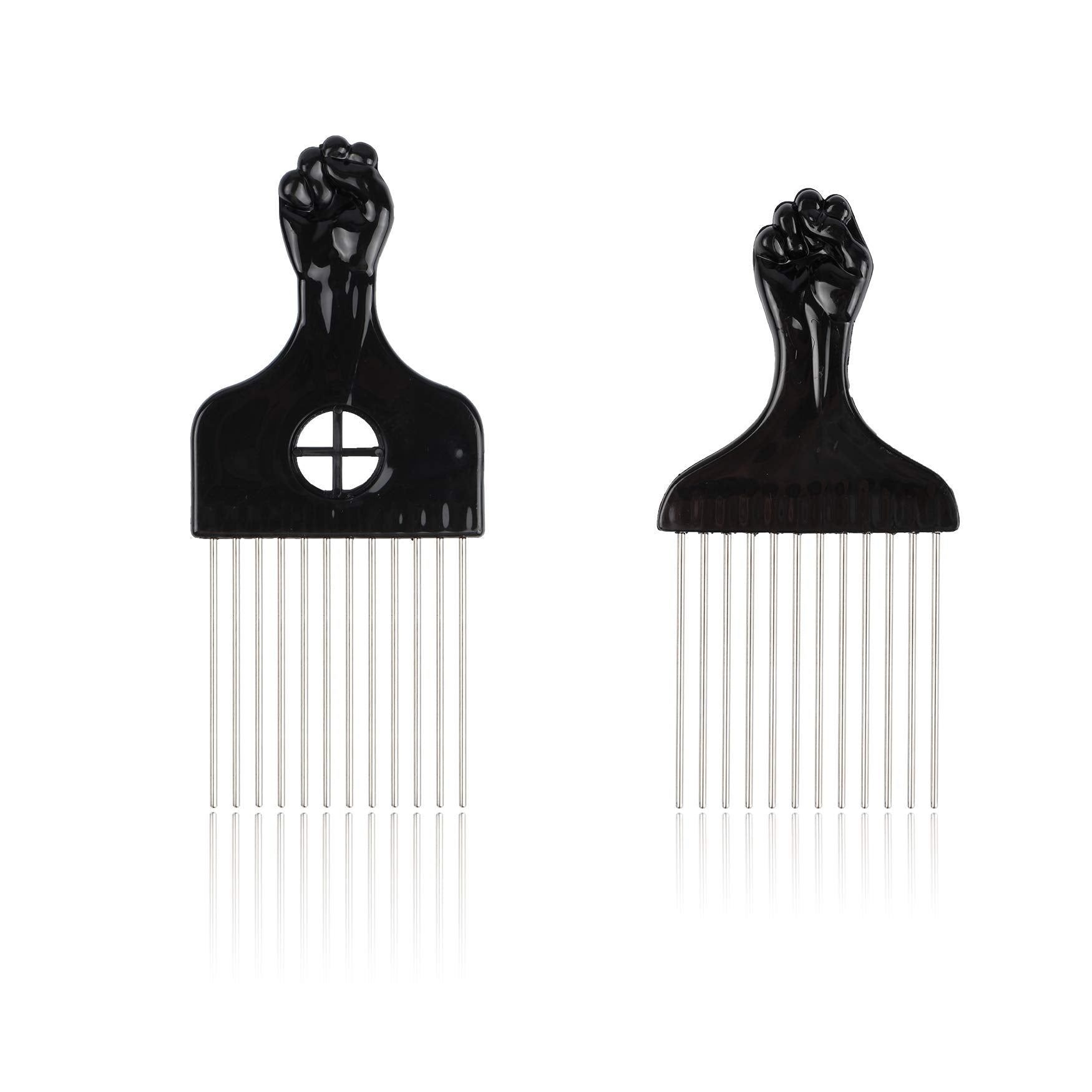 Folansy metal Afro comb with a black fist handle and ergonomic grip.