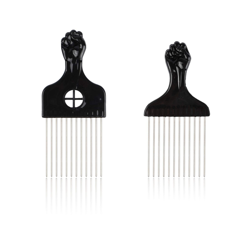 Folansy metal Afro comb with a black fist handle and ergonomic grip.