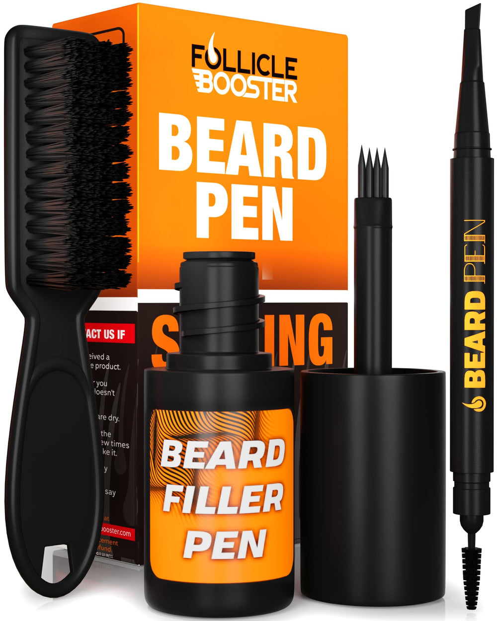 Follicle Booster beard pen 4-tip fork blends hairs for natural density.