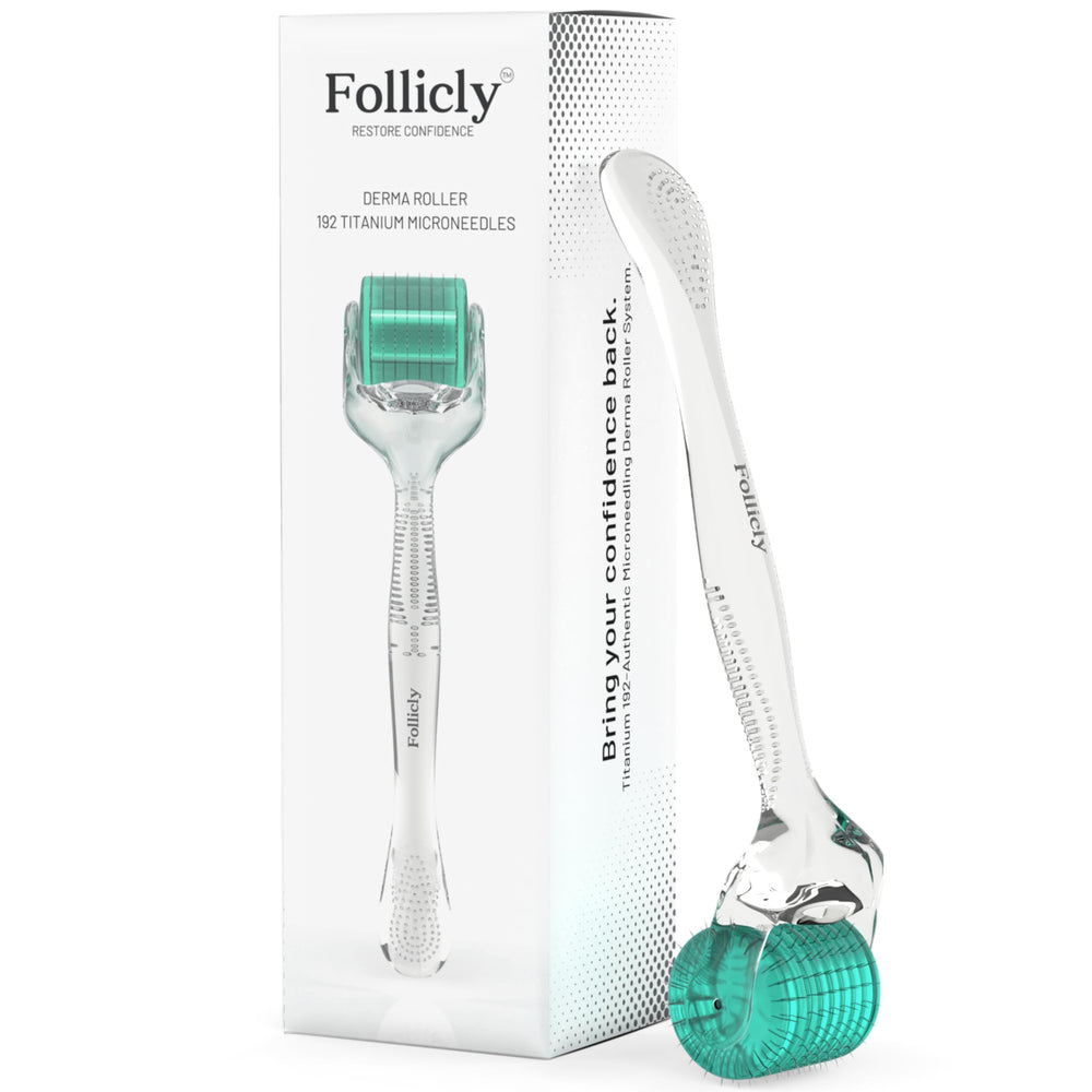 Follicly Derma Roller with titanium 192 needles for precise scalp and skin care.