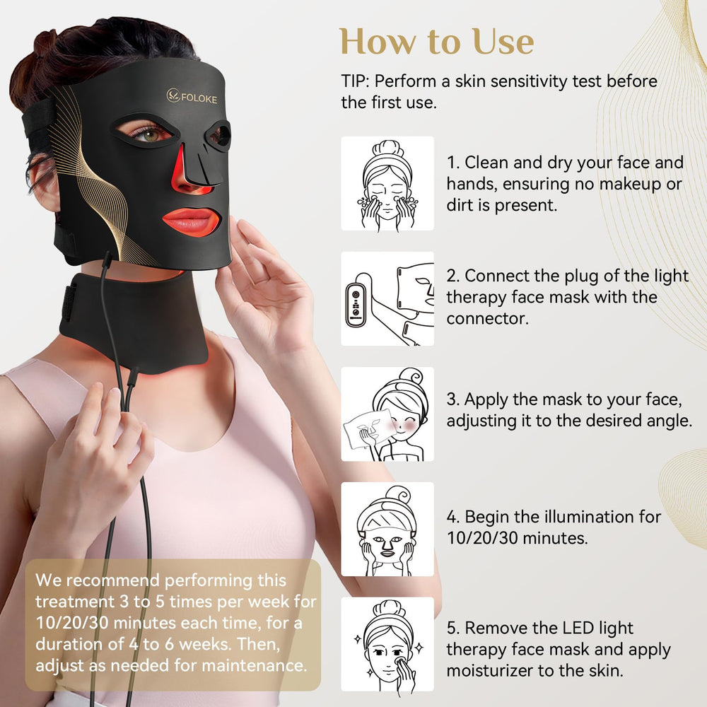 Foloke mask resting on a vanity during a skincare routine at home.