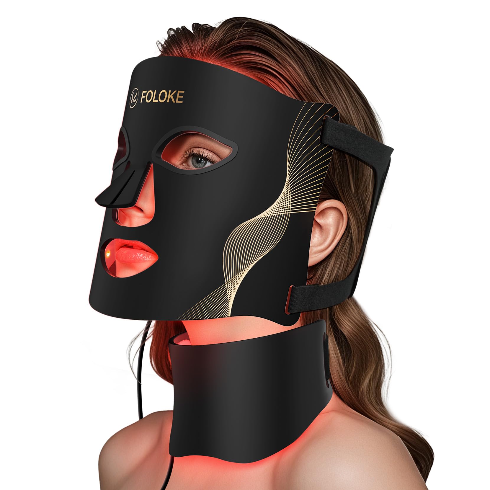 Foloke mask close-up with vibrant red LEDs and warm glow.