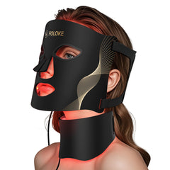 Foloke mask close-up with vibrant red LEDs and warm glow.