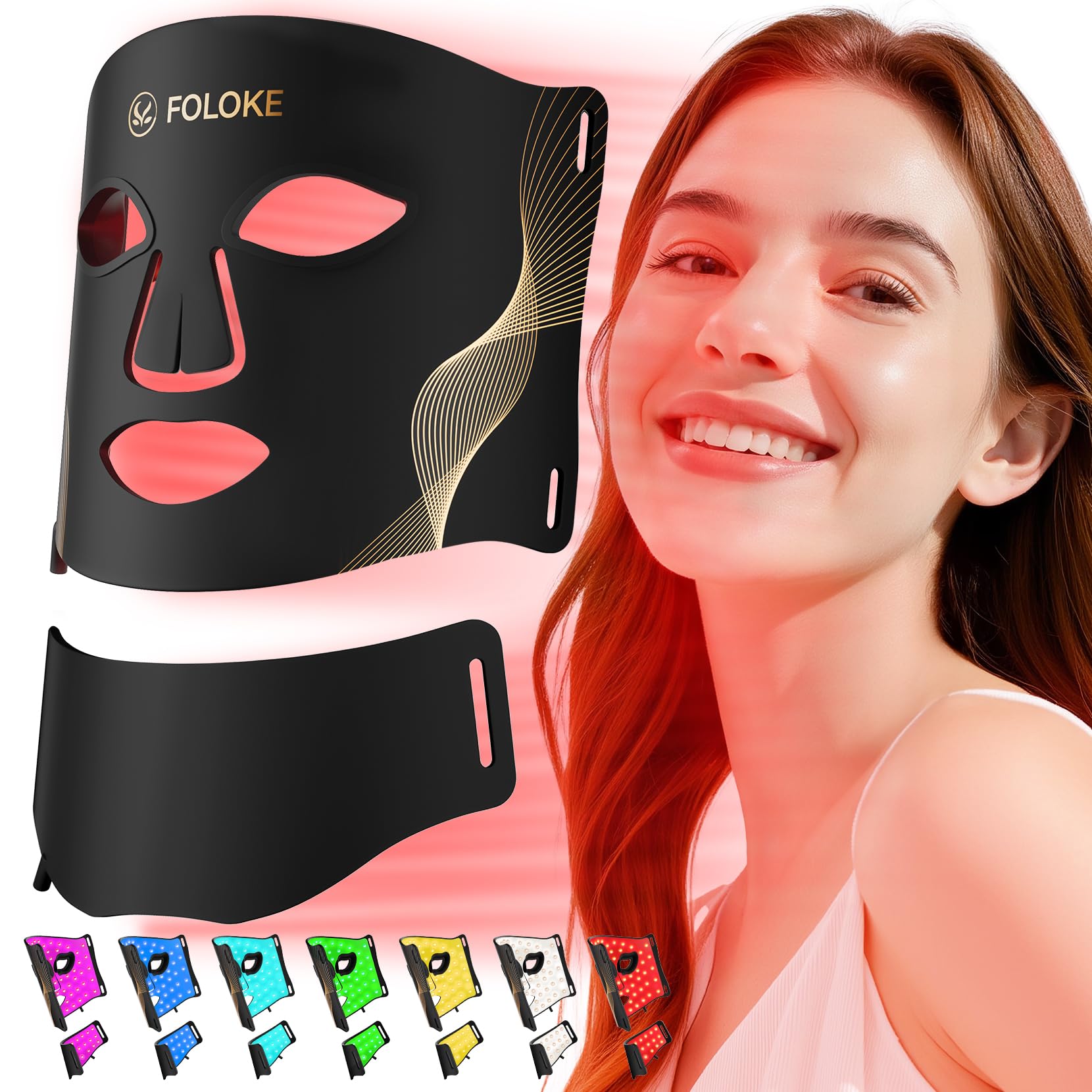 Foloke LED mask on the face showing red and NIR lights for at-home skin care.