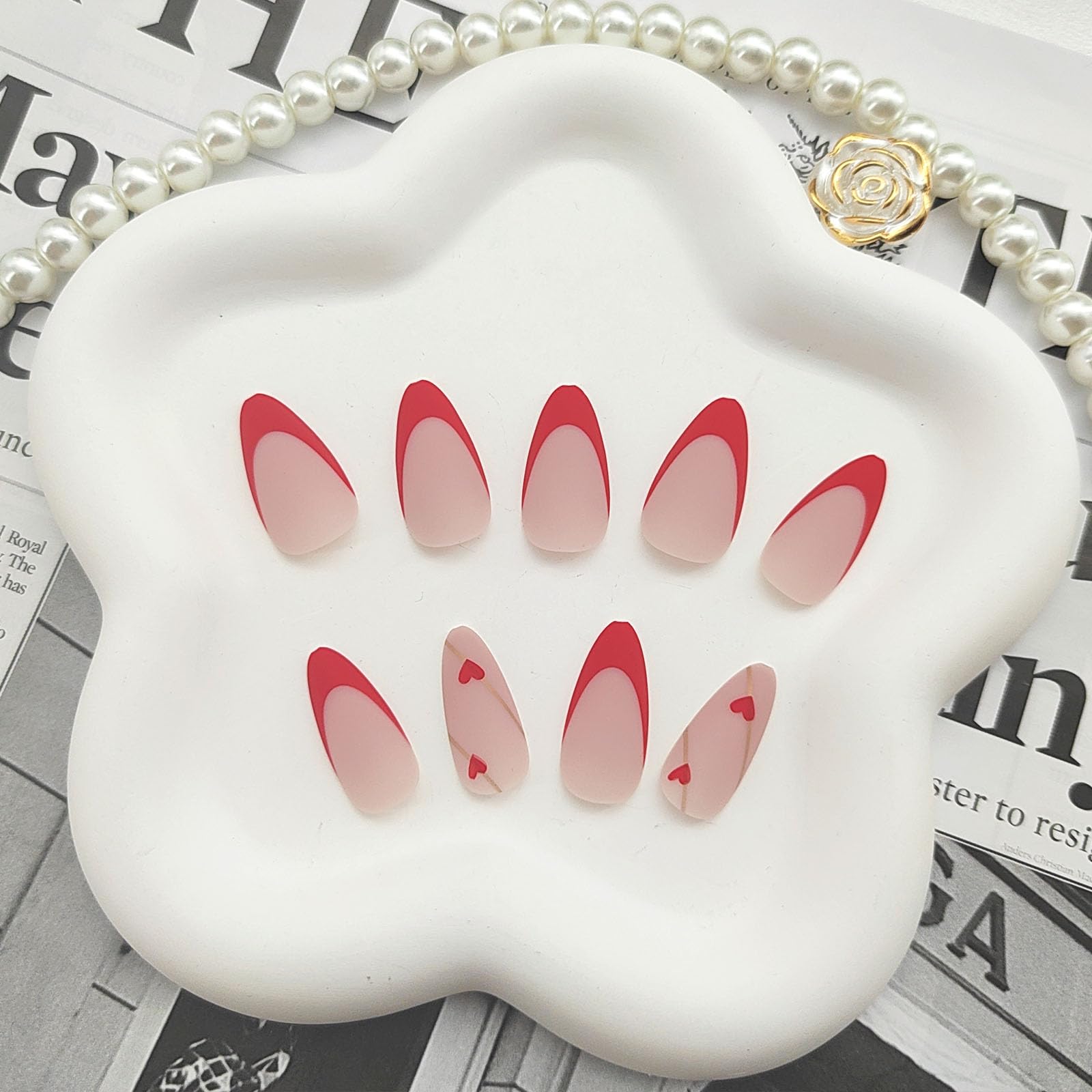 FOLONRAL uñas postizas acabado mate con punta francesa roja para estilo elegante.