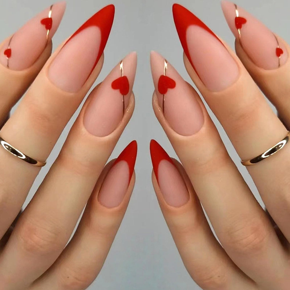 Uñas postizas FOLONRAL San Valentín con corazón rojo y líneas doradas, ideal para ocasiones.