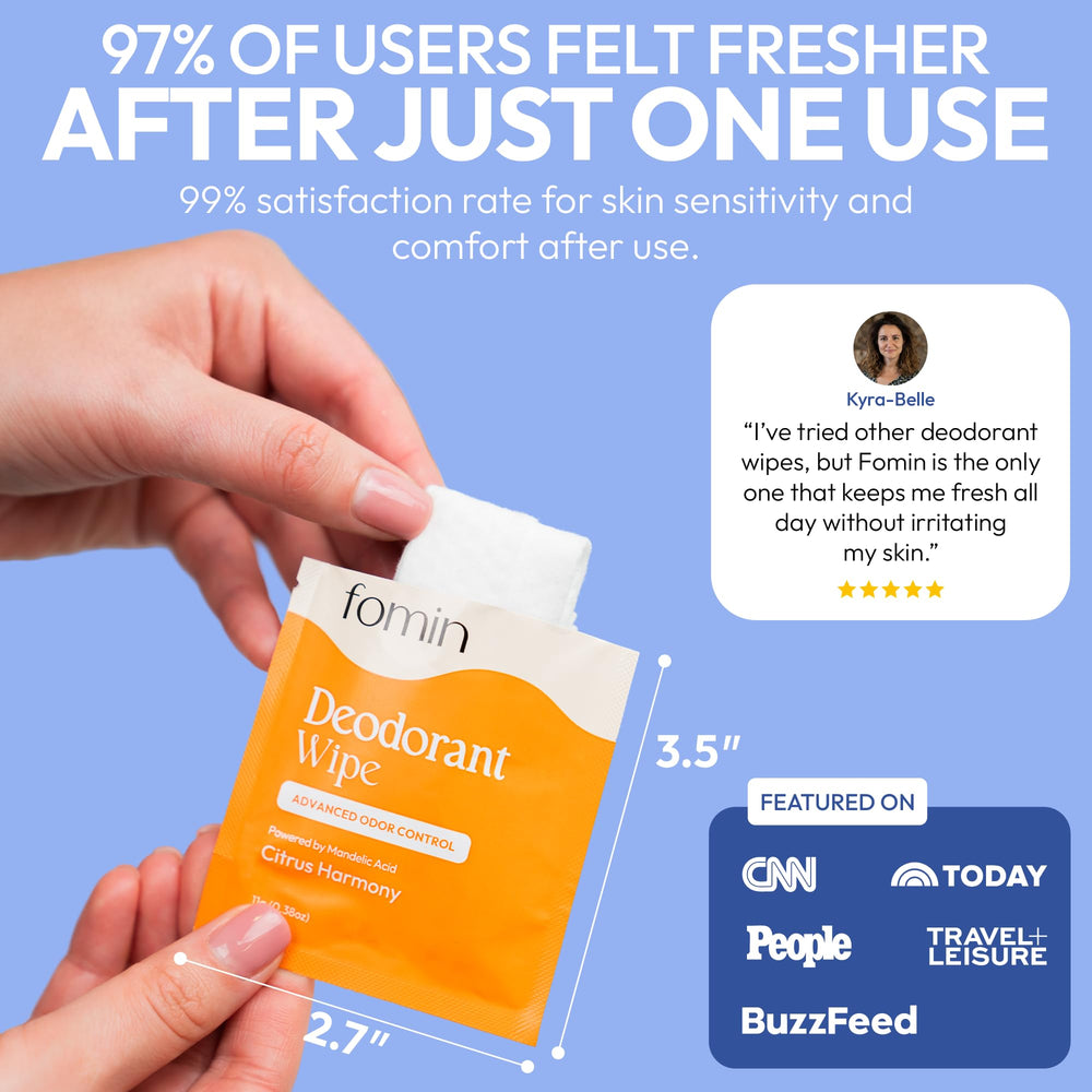 FOMIN acidified travel deodorant wipes with biodegradable packaging for sustainable trips